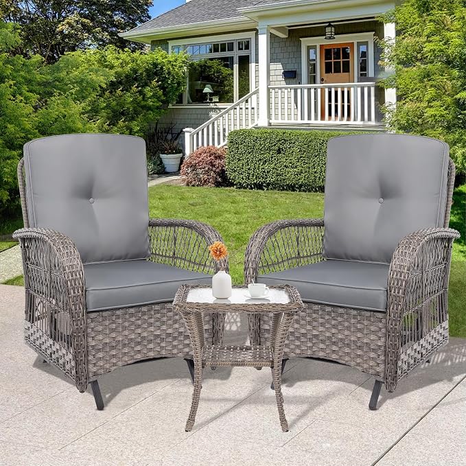 3-Piece Patio Wicker Conversation Bistro Set, All-Weather Gliding Rocking Chairs with Thickened Cushions and Glass Top Table, Outdoor Rattan Furniture Sets for Porch Garden, Gray