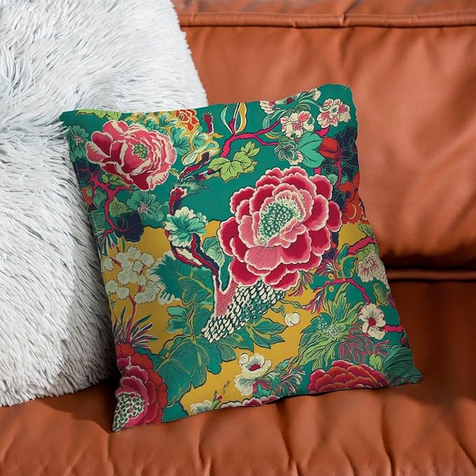 Pillowcase Chinoiserie Red Peony Floral Pillowcase Classic Green and Pink Pillow Cover Accent Square Couch Sofa Cushion Covers for Couch Garden Tent Balcony 16x16 in
