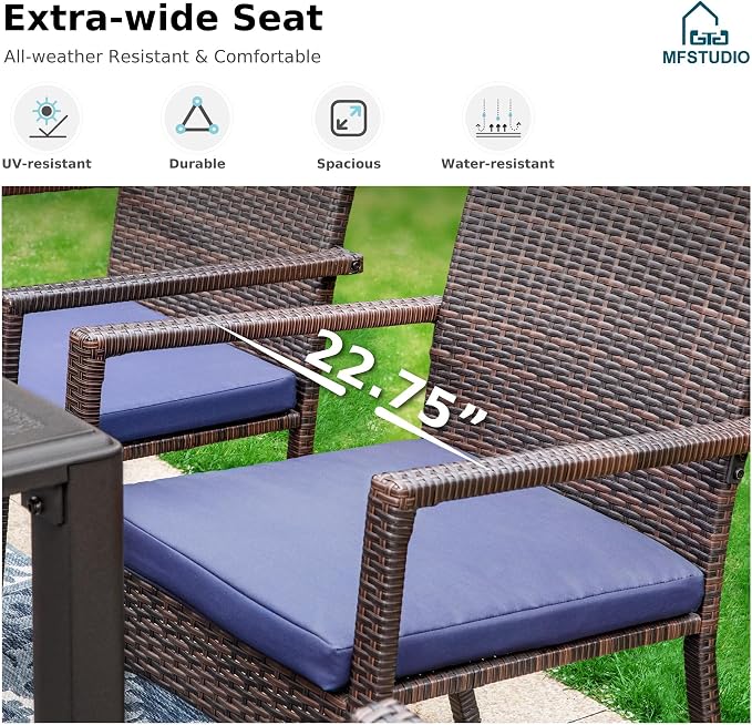 MFSTUDIO 9 Pieces Outdoor Patio Dining Furniture Set for 8,1 Large Rectangle Metal Table with 1.7'' Umbrella Hole and 8 Wicker Sofa Chairs with Navy Cushions, Outdoor Table and Chairs Dining Set for 8