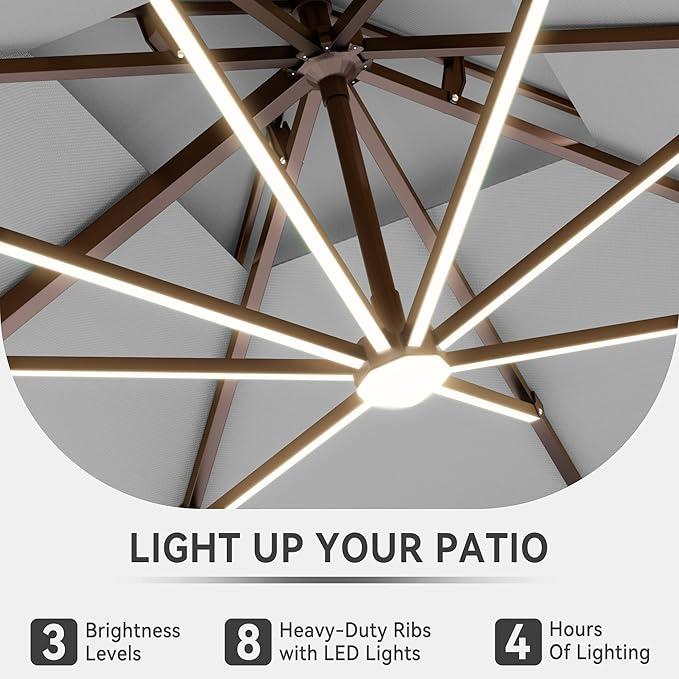 9 X 12 FT Cantilever Outdoor Patio Umbrella with LED Lights Large Heavy Duty 360° Rotation Double Top Offset Rectangular Umbrellas for Backyard Garden Pool Outside Deck, Fog Grey