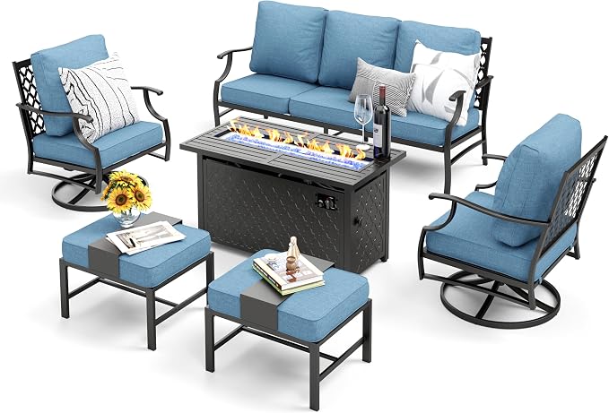 MIXPATIO Patio Furniture Set, 6 Pcs Metal Outdoor Conversation Set, 2 Swivel Chairs, 2 Ottomans and 3 Seater Sofa with 5.75" Extra Thick Cushion and Gas Fire Pit Table, Navy Blue