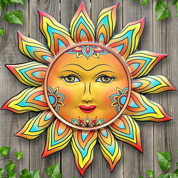 Metal Sun Flower Wall Decor - 12.87 inches Sun Wall Art Hanging Decorations for Outdoor, Home Garden Yard Patio Fence Bedroom Decor