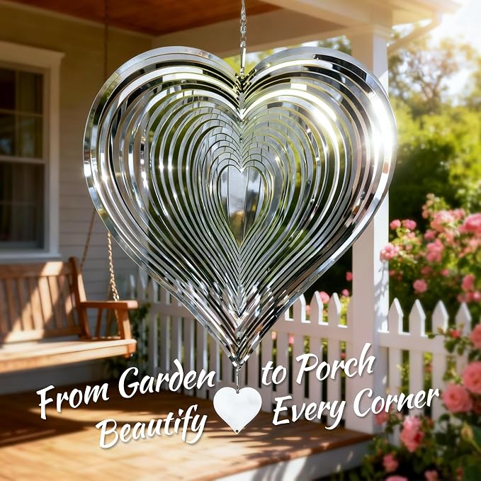 Wind Spinner 12-Inch Garden & Yard Decor, Birthday Gift for Mom | Hanging Yard Art, Garden Decoration for Outdoor and Indoor, Birthday Gift for Women, 3D Heart, Stainless Steel, 2 Pack