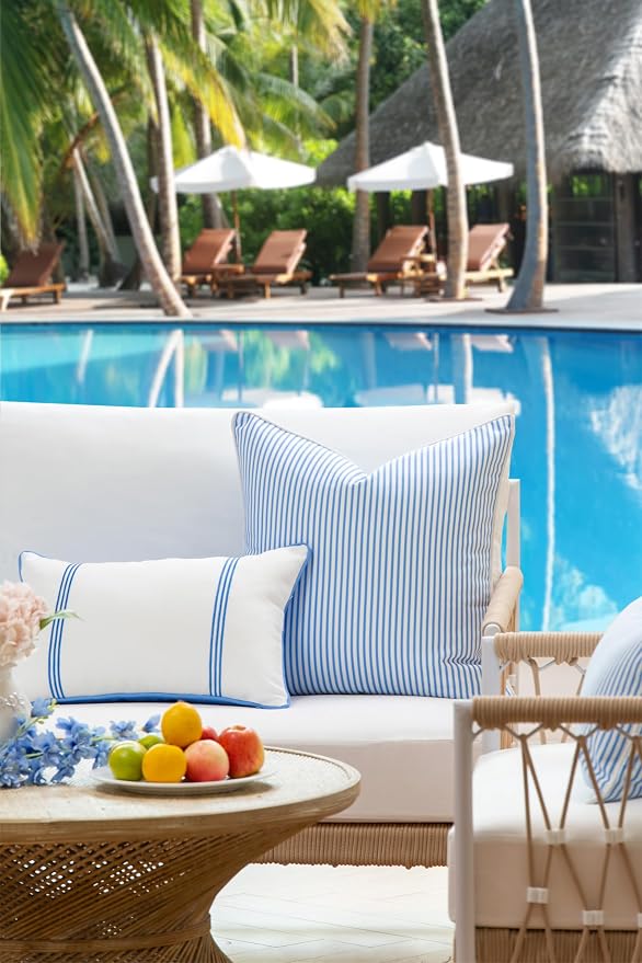 Hofdeco Premium Coastal Patio Indoor Outdoor Lumbar Pillow Cover Only, 12"x20" Water Repellent for Backyard, Couch, Cornflower Blue Embroidered Vertical Line