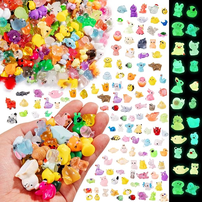300Pcs Mini Resin Animals Bulk 300 Styles Variety Tiny Animals Figure to Hide Luminous Glow in The Dark for Miniature Fairy Garden Decoration Hide Crafts Decor