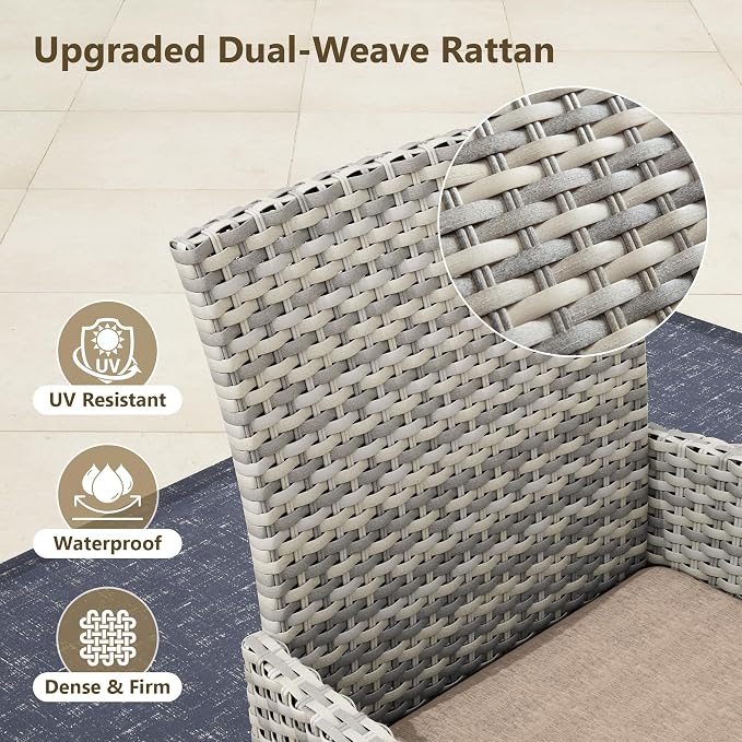 Outdoor Dining Set, 15-Piece Patio Furniture Set with Tempered Glass Table and 12 Cushioned Chairs, Dual-Strand Wicker Rattan, Balcony Furniture for Backyard, Garden, Deck,– Beige