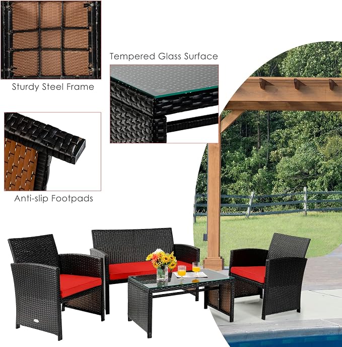 Tangkula 8 Pieces Rattan Furniture Set, Outdoor Conversation Set w/Chair & Loveseat & Tempered Glass Coffee Table, Suitable for Garden, Backyard, Poolside, Patio Furniture Set for 8 (2, Red)
