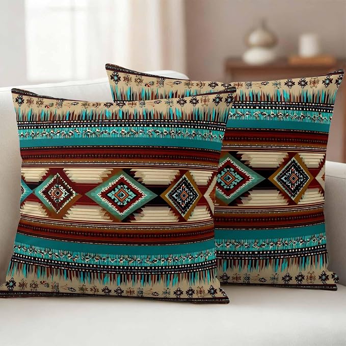 Boho Ethic Outdoor Pillow Covers 18"x18" Set of 2, Western Aztec Tribal Teal Brown Diamond Stripes Waterproof Throw Pillow Covers for Patio Furniture, Decorative Cushion Covers for Porch