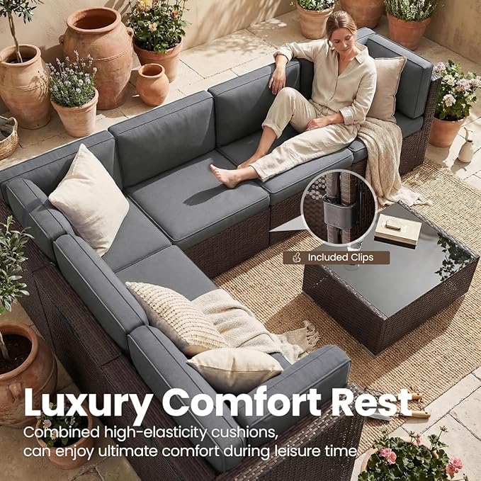 15 Pieces Patio Furniture Set with 44" Propane Gas Fire Pit Table, Outdoor Sectional Brown Rattan Wicker Conversation Sofa Sets with Coffee Table