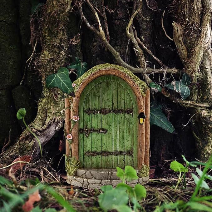 Green Fairy Door, Wooden Miniature Fairy Garden Doors Outdoor Mini Fairy Gnome House Accessories for Tree Trunk Ornaments Garden Miniatures, Fairy Doors for Trees Outdoor, Gnome Door for Tree Trunk