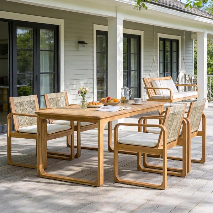 Christopher Knight Home Trazy Acacia Wood Outdoor Dining Set for 4, Patio Dining Table Set for 4, Outdoor Dining Table and Sled Base, Dining Chairs with Cushion + Rope Backrest, Teak + Brown + Beige