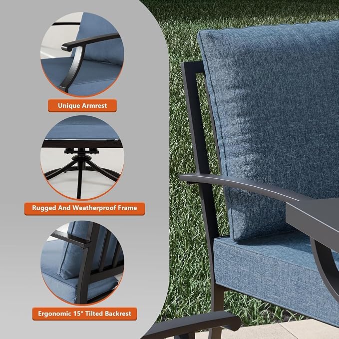 5 Piece Metal Outdoor Patio Furniture Set with 48" Round Propane Fire Pit, Outdoor Dining Table Set with 4 Fixed Chairs and 55000 BTU Outdoor Fire Pit, Navy