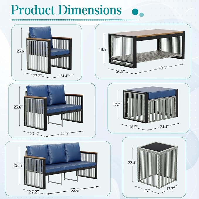HOMREST 5 Pieces Patio Set Outdoor Furniture Set with Wood Armrest, Modern Chair Patio Conversation Sets with Ottomans and Coffee Table for Garden Balcony Backyard Poolside (Blue)