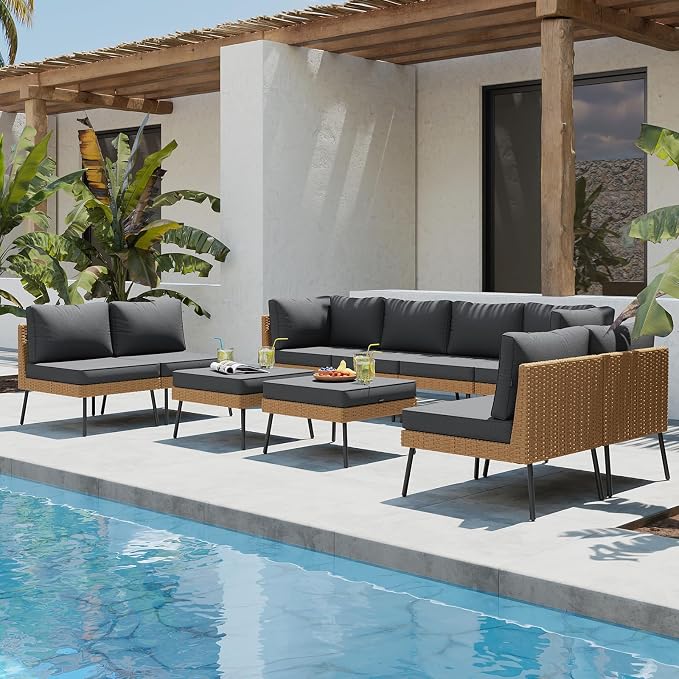 Aoxun 10 Piece Patio Furniture Set, 10 Seats Outdoor Sectional Sofas with Thick Cushion, Wicker Outdoor Patio Furniture Set with Ottomans for Party, Garden, Backyard, Black