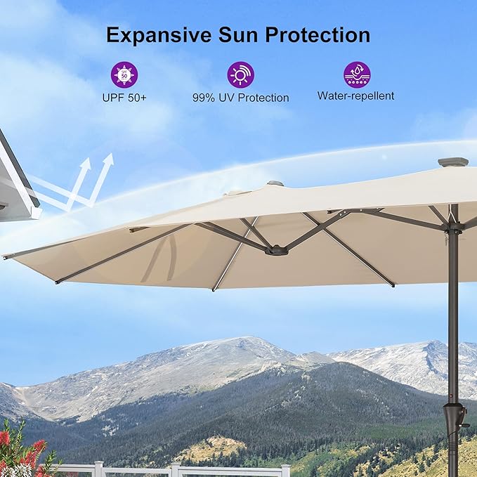 PURPLE LEAF 14ft Patio Umbrella with Solar Lights Outdoor Double-Sided Market Umbrella with Base Included Rectangle Table Umbrella for Pool Garden Backyard, Khaki