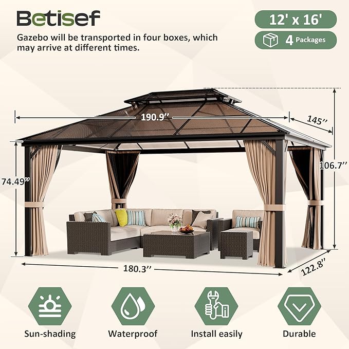 12'x16' Hardtop Gazebo, Outdoor Polycarbonate Roof Canopy, Aluminum Frame Permanent Pavilion with Curtains and Netting, Sunshade for Garden, Patio, Lawns