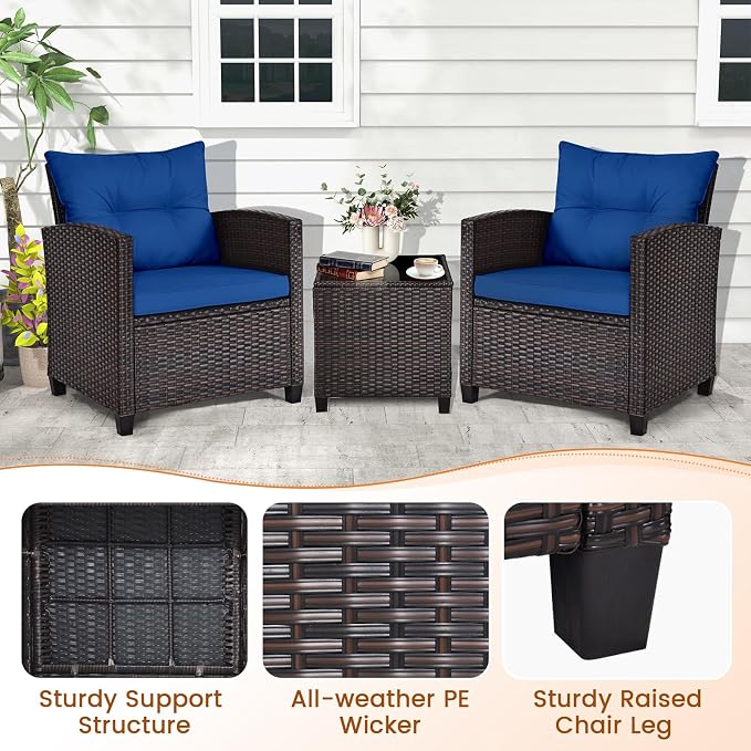 3-Pieces Patio Furniture Set, PE Wicker Chairs Sofa Set with Removable Cushions & Glass Top Side Table, Outdoor Wicker Rattan Conversation Chair for Porch,Backyard, Balcony (Navy Blue)