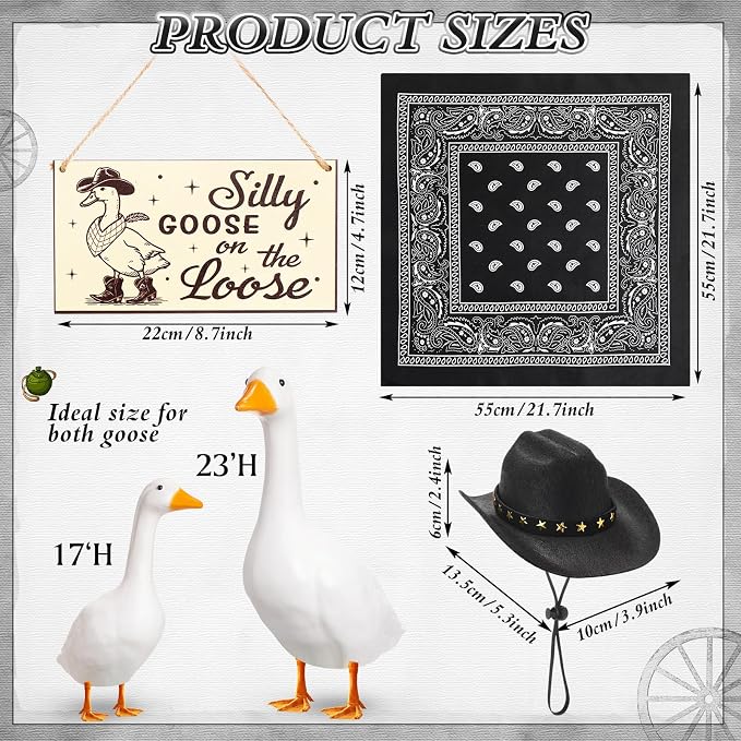 Funny Porch Goose Outfit Decoration Set Silly Goose on The Loose Hangings Sign Cowboy with Outfit Cowboy Hat Bandana for 23" Cement/Plastic Outdoor Statue Patio Yard Lawn Art(Black)