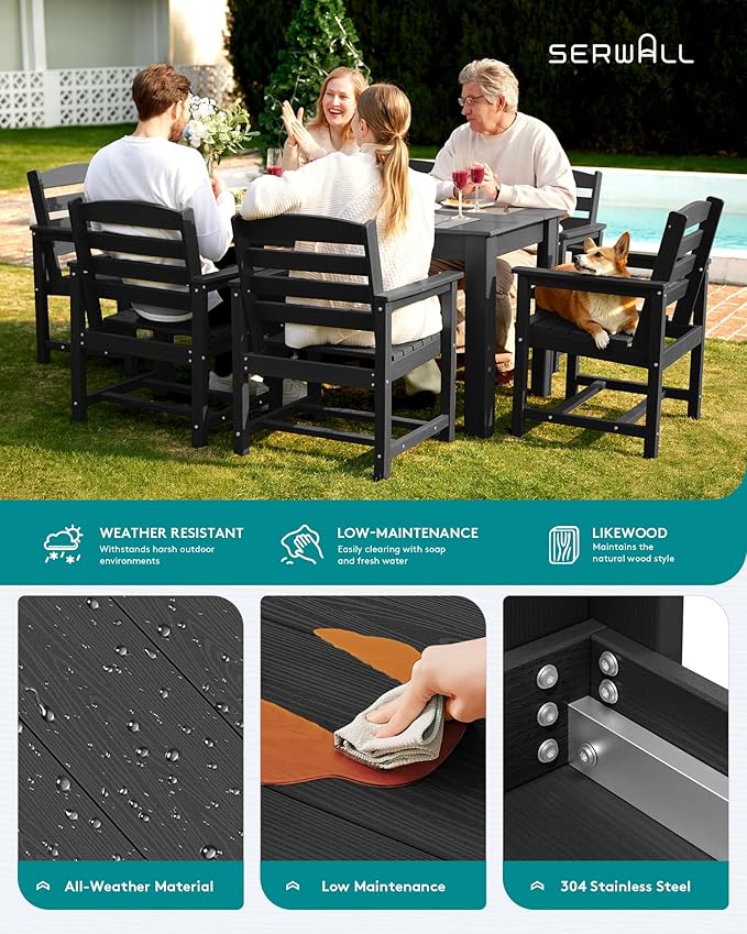 SERWALL Outdoor Dining Sets for 10, HDPE Dining Sets for 10 Person with 2 Rectangular Tables and 8 Armless Chairs and 2 Armchairs, Patio Dining Sets for Garden, Backyard, Poolside, Black
