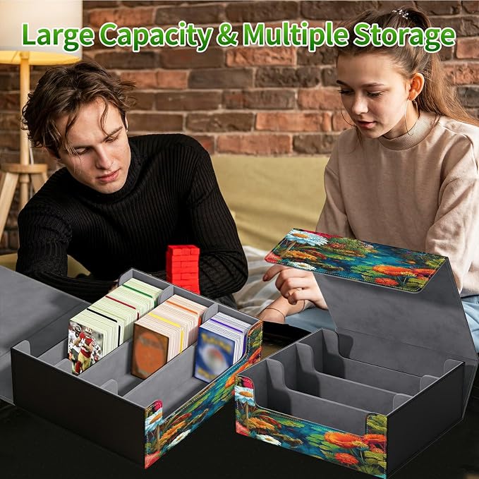 Large Card Deck Box for MTG, Fits 1200+ Sleeved Cards, PU Leather Storage Case with Strong Magnetic Closure, Multiple Colors for TCG CCG Baseball Card Collections, Mushroom Red Flower