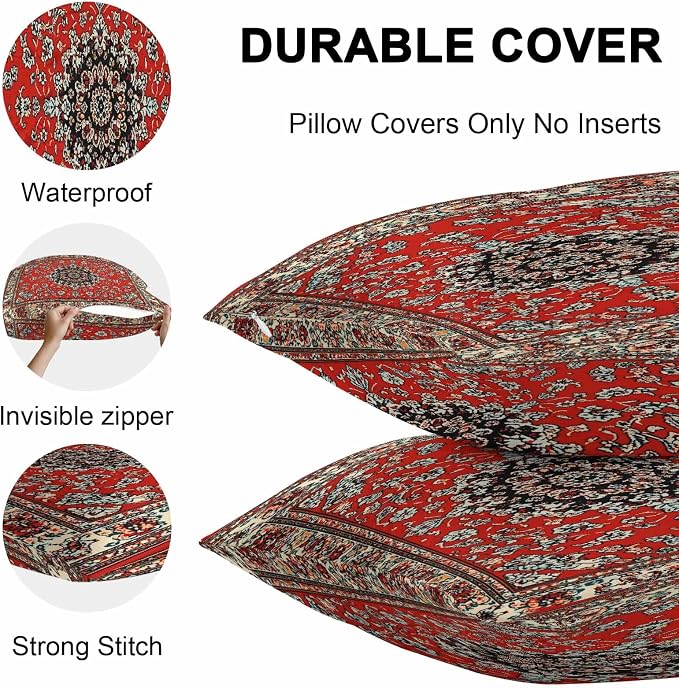 Vandarllin Outdoor Throw Pillows Covers 24x24 inch Set of 2 Waterproof Red Bohemian Decorative Zippered Cushion Covers for Patio Furniture, Boho Tribe Texture Lumbar Pillowcases