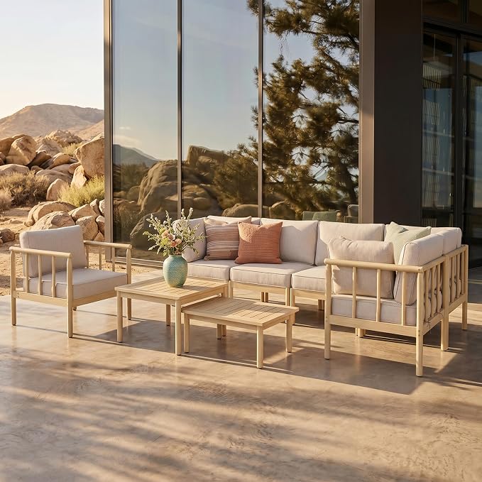 HERA'S HOUSE Patio Furniture,Acacia Wood Outdoor Sectional Sofa with 5.5" Ultra-Thick Cushions, L Shaped Modular Patio Conversation Set,Lawn Garden Backyard Couch Set with Nesting Tables,Beige