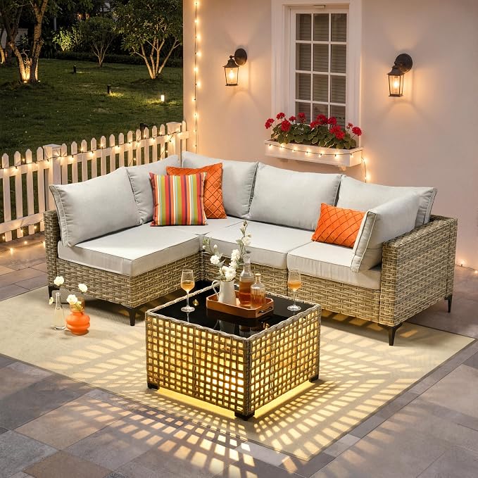 5 Piece Outdoor Sectional Patio Furniture Set with Solar Lighted Coffee Table, Modular Wicker Conversation Set with Flexible L-Shaped Layout for Porch Balcony Backyard, Light Gray
