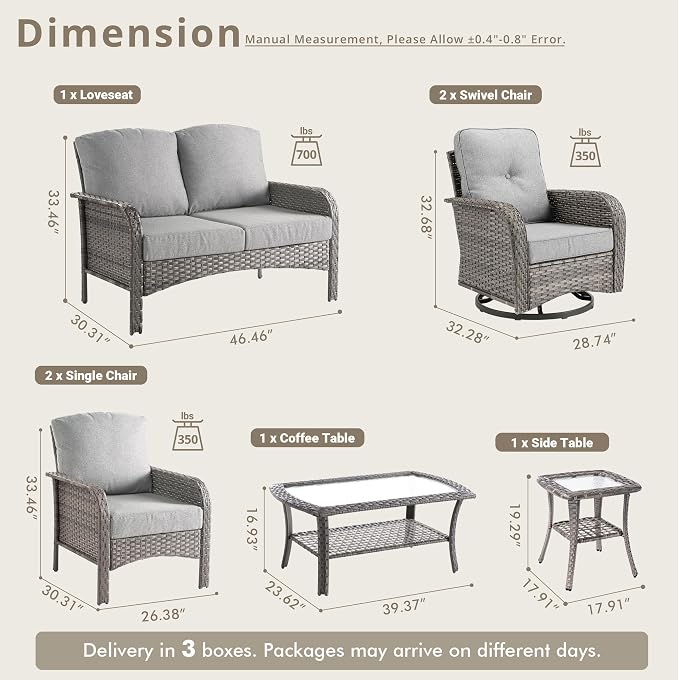 7 Piece Wicker Patio Furniture Set with Swivel Chairs, Dark Gray | High Back Swivel Rocker Chairs, Outdoor Loveseat Sofa, Coffee Table, Rattan Conversation Set, Porch Deck Backyard Poolside