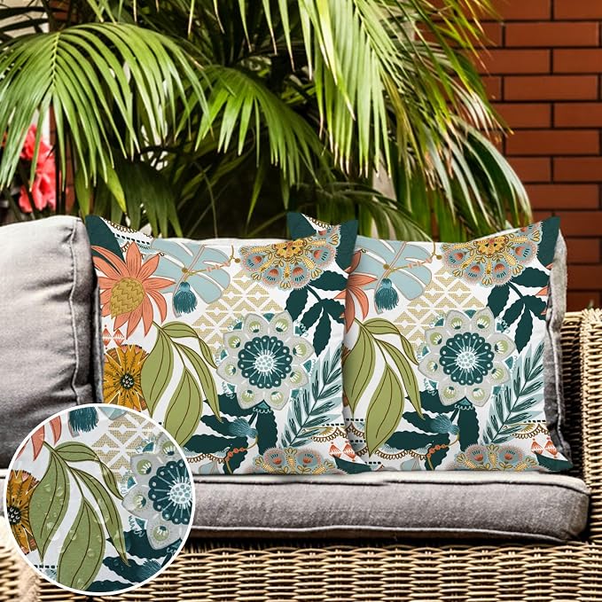 Floral Outdoor Pillow Covers Waterproof Boho Flowers Leaves Decorative Patio Pillows Cushion Covers Set of 4 for Porch Bench Furniture Decor