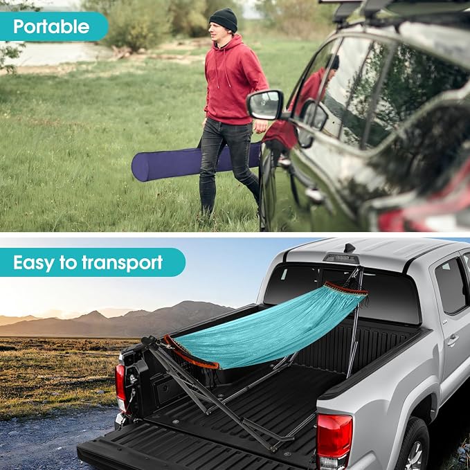 Goutime Collapsible Hammock Stand with Carry Bag, 550lbs,Portable,Sky Blue | 3 level adjustable up to 10ft, double layer hammock net, fits indoor, yard, camping, and outdoor use