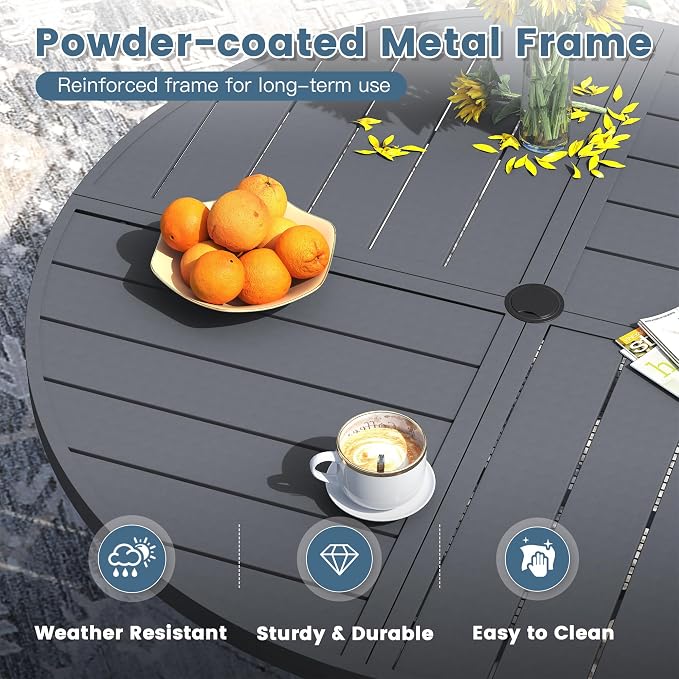 DIFY 7 Piece Outdoor Dining Set, 48" Round Metal Dining Table and Textilene Stackable Patio Chairs, Patio Table and Chairs Set for 6 with Umbrella Hole for Backyard Garden Deck, Grey