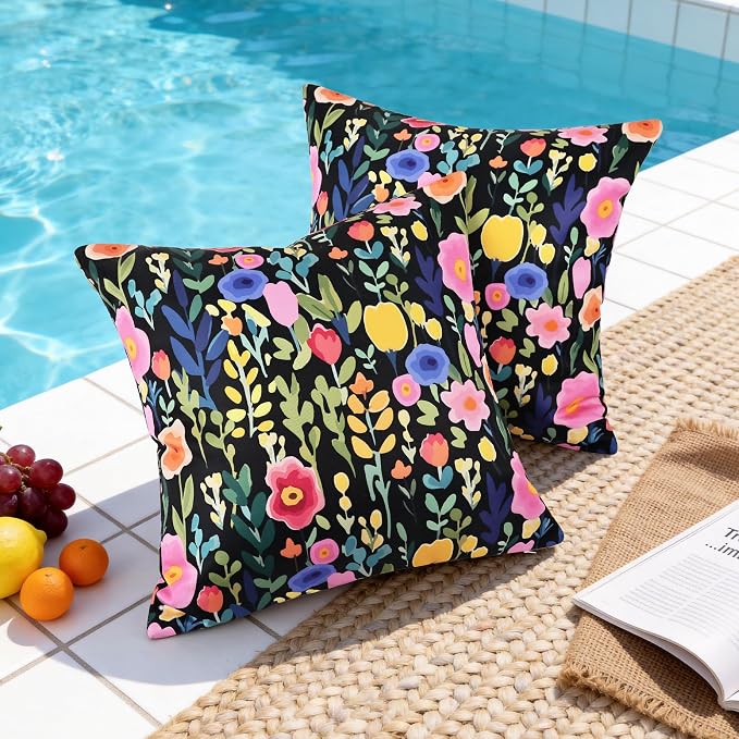 Outdoor Pillows Covers 18X18 Inch Pack of 2, Spring Floral Waterproof Throw Pillow Covers, Black Printed Flower Decorative Square Pillowcases for Summer Patio Furniture Garden Balcony Porch
