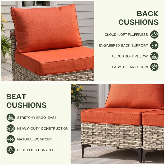 10 Pieces Patio Furniture Set, Outdoor Conversation Set with 360° Swivel Rocker Chairs, Wicker Modular Sectional Sofa & Solar Coffee Table, High Back Outdoor Furniture L Shaped Couch for Porch, Orange
