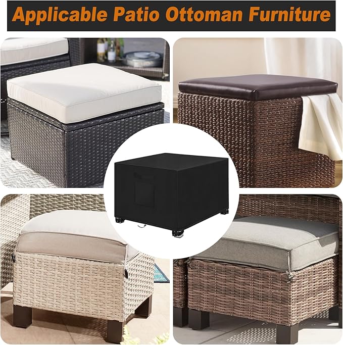 LYHNMW Outdoor Patio Ottoman Cover, 2PCS 20" L x 20" W x 18" H Waterproof Patio Ottoman Cover, 600D Heavy Duty Patio Furniture Cover with Padded Handles (Black)