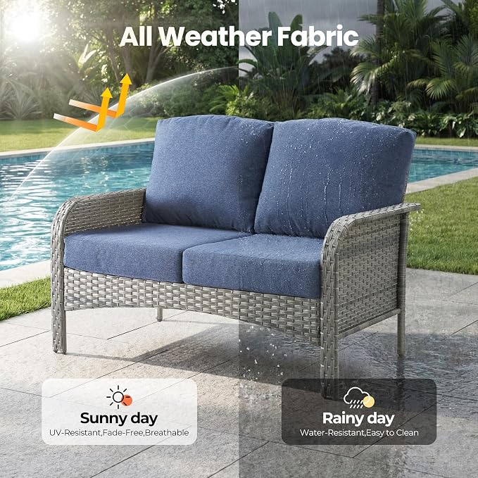 Weaxty Wicker Patio Furniture Set High Back Loveseat Sofa Couch Armchair Coffee Table, All Weather Rattan 4 Pieces Outdoor Conversation Sets for Patio Porch Deck Backyard Poolside, Denim Blue