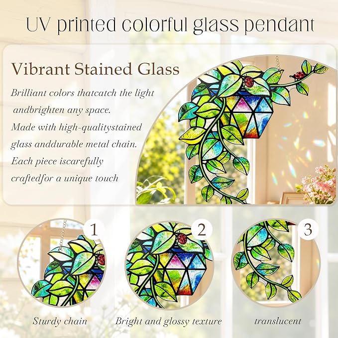 Plant Suncatcher Glass, Stained Glass Suncatcher Plant Window Hanging, Unique Nature Lover Gifts Leaf Idea
