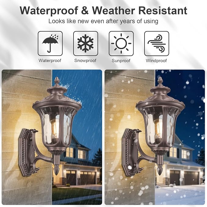 Outdoor Wall Light Fixtures Mount, Waterproof Exterior Wall Lanterns with Water Ripple Glass, Outside Sconces, Front Porch Lights for House Garage Doorway Patio, 22'' Large Oil-Rubbed Bronze