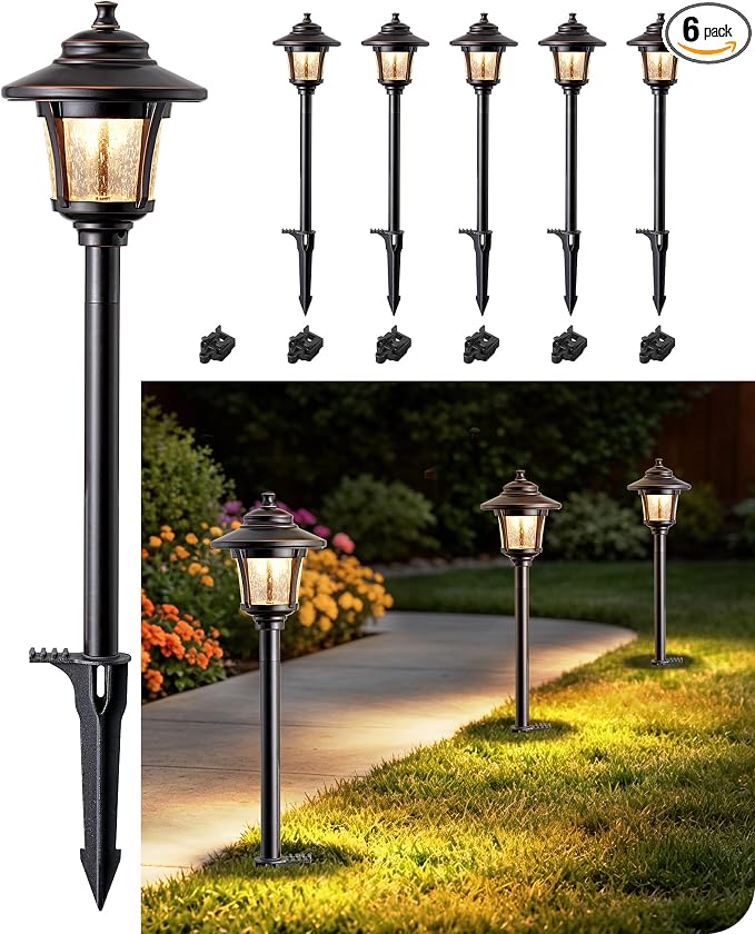 EDISHINE Low Voltage Landscape Lighting 12V 3W 120LM with Connectors 6 Pack | Seed Glass, 3000K Warm White, ORB Waterproof Electric LED Landscape Path Lights for Walkway Garden Yard