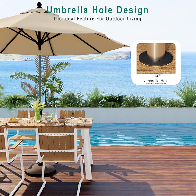 Outdoor Dining Set for 4, Patio Table and Chairs Set with Umbrella Hole, 5 Pieces All-Weather HDPE Outdoor Furniture Sets for Backyard Poolside Lawn Garden (White & Teak)