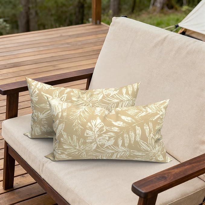 Outdoor Lumbar Pillows 12x20 Inch, Water Repellent Cushion Pillows, Outdoor Pillows with Inserts for Home Garden Pack of 2, Tropical Leaf Oat