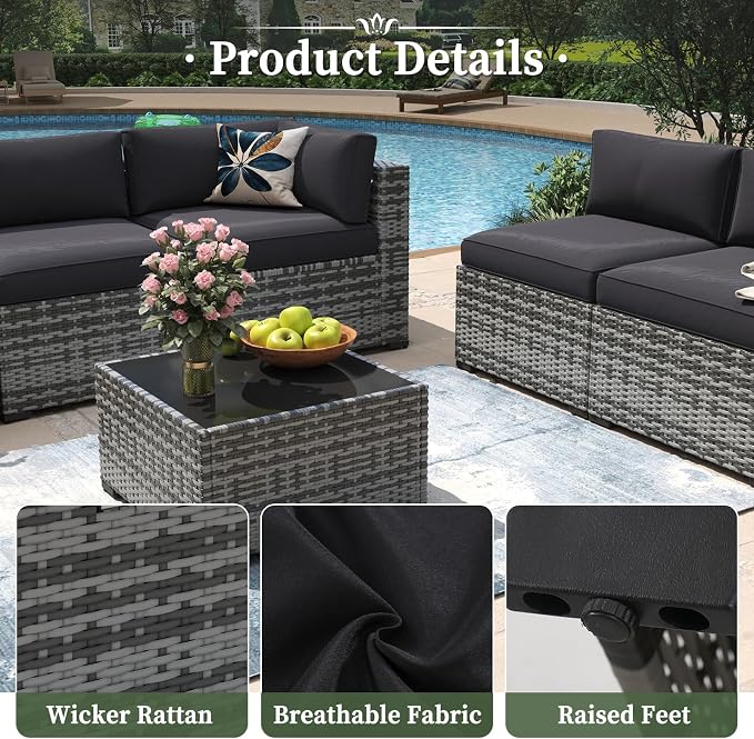 Aoxun 15 Piece Patio Furniture Set with Fire Pit Table Wicker Rattan Outdoor Sectional Sofa Set with Coffee Table and 4” Thickened Cushions, Grey/Black