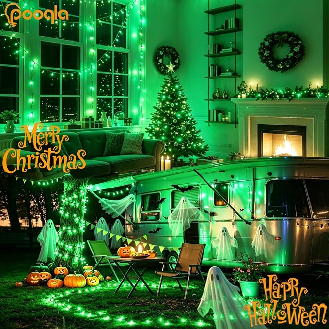 200 LED Green Halloween Lights Outdoor String Lights, 66 ft | Green Wire Waterproof Twinkle Fairy Lights with Timer, 8 Modes Connectable String Lights Indoor Bedroom Christmas Decorations