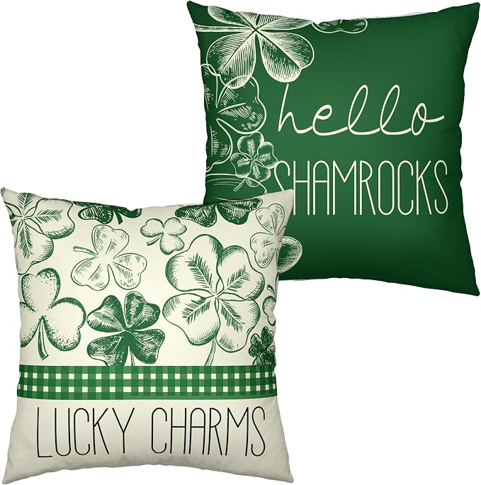 Hello Shamrocks Pillow Cases 16x16 Saint Patrick's Day Throw Pillowcase Green Shamrock Lucky Charm Pillow Protectors Clovers Hat Cushion Case for Sofa Couch Car Set of 2