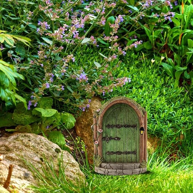 Green Fairy Door, Wooden Miniature Fairy Garden Doors Outdoor Mini Fairy Gnome House Accessories for Tree Trunk Ornaments Garden Miniatures, Fairy Doors for Trees Outdoor, Gnome Door for Tree Trunk