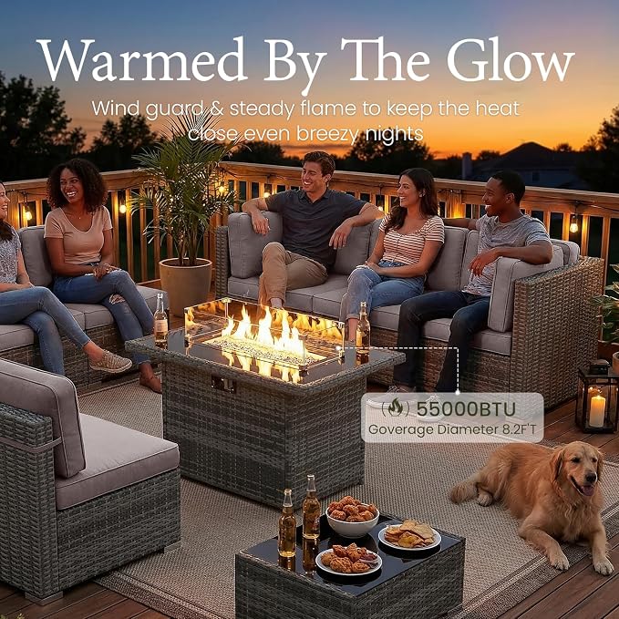 LayinSun 8 Piece Patio Furniture Set with 44" Propane Gas Fire Pit Table, Outdoor Sectional Conversation Set Wicker Rattan Sofa Set with Coffee Table
