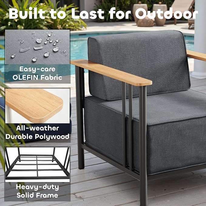 Luxury Patio Chairs with 10" Extra Thick Cushions, Outdoor Chairs with Ottomans, 4 PCS Outdoor Furniture Set for Porch, Balcony, Deck, Patio, Yard, Poolside, Black/Grey