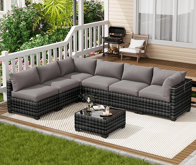 LOUVIXA 7 Piece Outdoor Patio Furniture Set, Outdoor Sectional Sofa, Wicker Rattan Patio Furniture, Patio Conversation Set with Coffee Table & Cushions