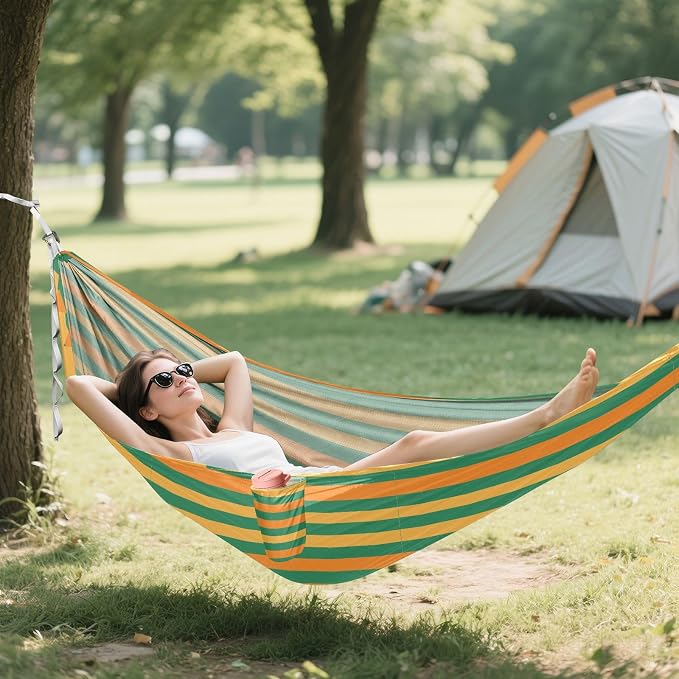 Camping Hammock Outdoor Hammocks for Outside Green Orange Stripe Beach Trees Portable Lightweight with Pockets Tree Straps Indoor
