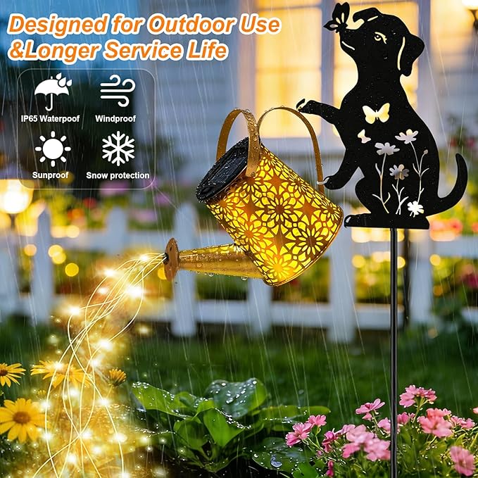 VOOKRY Solar Watering Can Lights Outdoor with Dog Silhouette Stake, Garden Gifts for Mom, Women & Garden Lovers Waterproof Metal Garden Lantern, Decorative Yard Patio Lawn Pathway Decor(1 Pack)