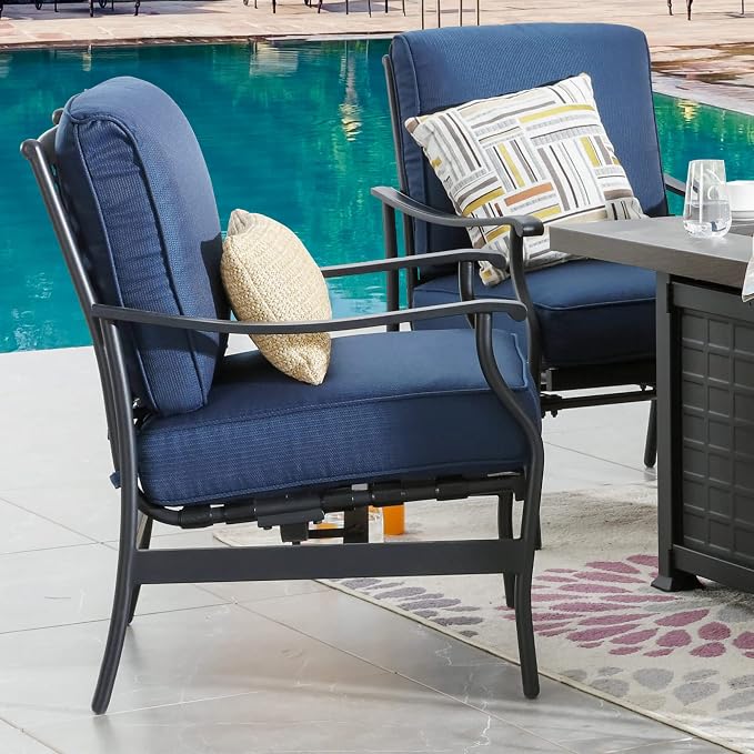 Patio Conversation Set Outdoor Furniture CSA Certification 50,000 BTU 33.9 Inch Propane Fire Pit Table Sets with Rocking Chairs Thick Cushions(5 Pcs,Blue)